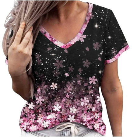

Crop Tops for Women Tunic Tops Fashion Woman Causal V-Neck Printing Blouse Short Sleeve T-Shirt Summer Tops Womens Workout Tops Black Shirts for Women New Arrival Pink 2XL