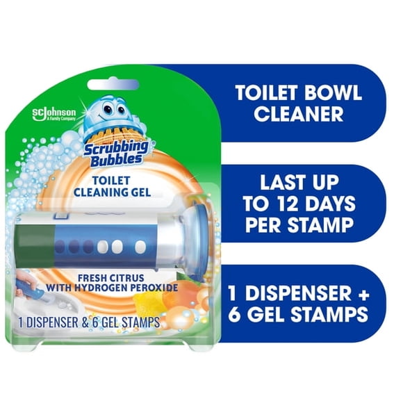 Scrubbing Bubbles® Toilet Bowl Cleaner, Fresh Gel Stamp, Citrus Scent, Dispenser with 6 Gel Stamps, 38 g