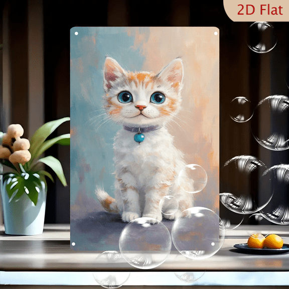 8x12 Inches Cute Fluffy Kitten with Blue Eyes and Purple Collar Tin Metal Wall Art Print, Adorable Ginger White Cat Painting Decor for Home Office Nursery, Abstract Dreamy Background