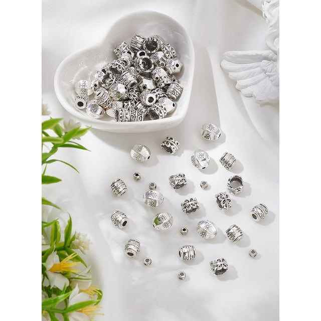 80 piezas de 4 estilos de dijes de aleación de estilo tibetano, dijes de columna de filigrana, plata, joyería artesanal