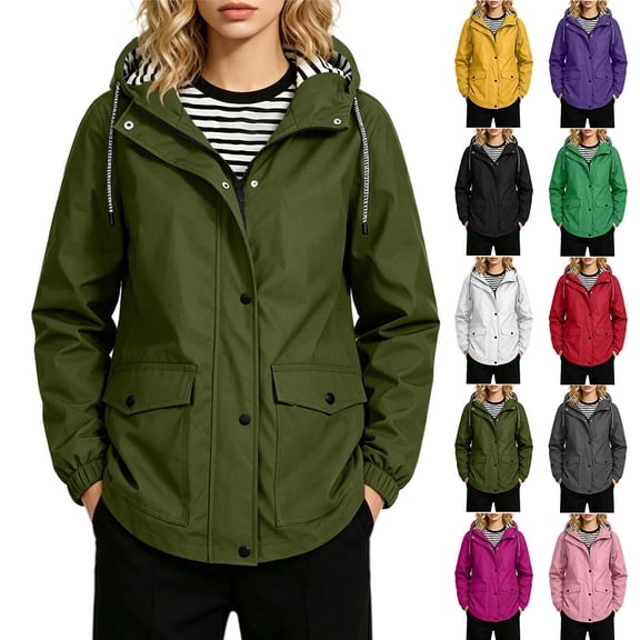 Plus Size Jackets for Women Casual Hooded Waterproof Regular Long Sleeve Solid Color Outdoor Hiking Drawstring Windbreaker with Pockets