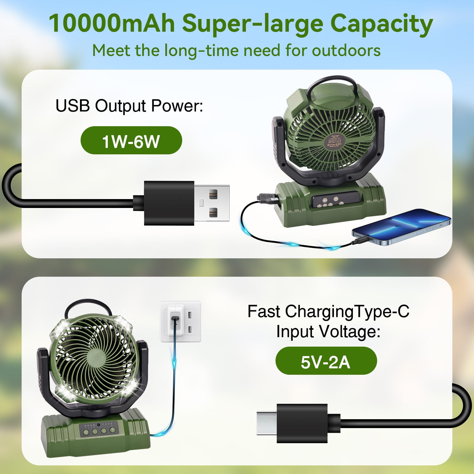 Powered Camping Fan, Portable Rechargeable Tent Fan with 3-Level LED Light, Hanging Hook, Remote Control, 4 Speeds & 4 Timers, Quiet Tent Fan with 10000mAh Battery for Outdoor Travel