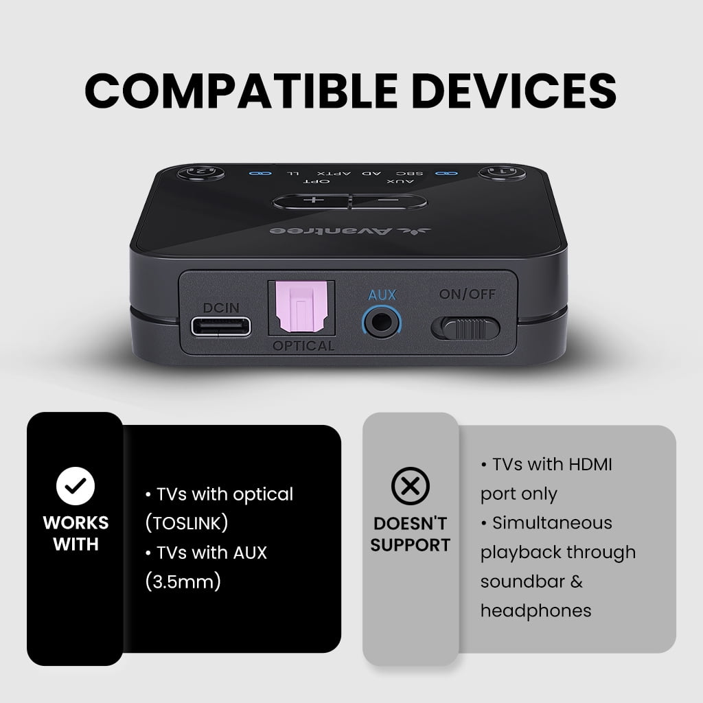 Avantree Audikast 3- Bluetooth 5.3 Transmitter for TV with Optical or AUX Audio Output Port, aptX-Adaptive & Low Latency, Dual Link for 2 Headphones, and 100ft Long Range