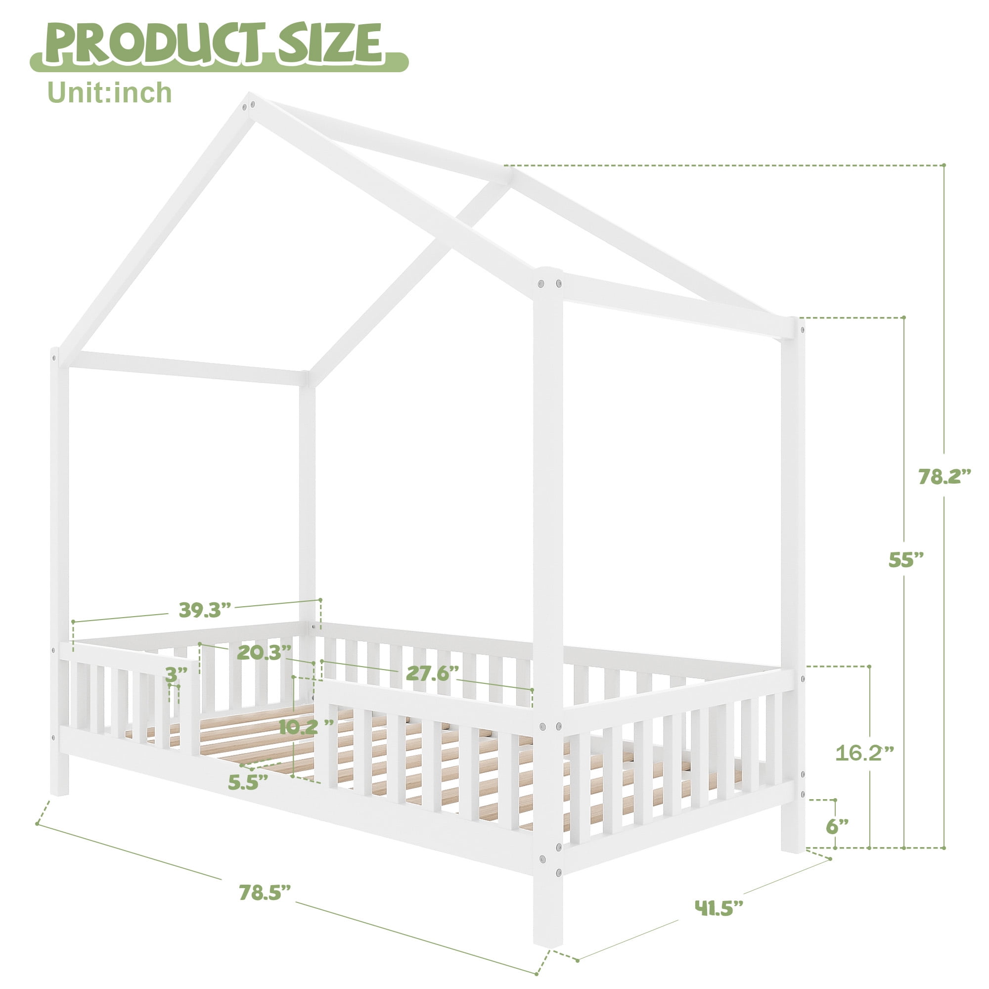 Harper & Bright Designs Montessori Floor Bed with Canopy and Roof, Twin Wood House Shape Bed Frame with Railings for Girls Boys Bedroom, White