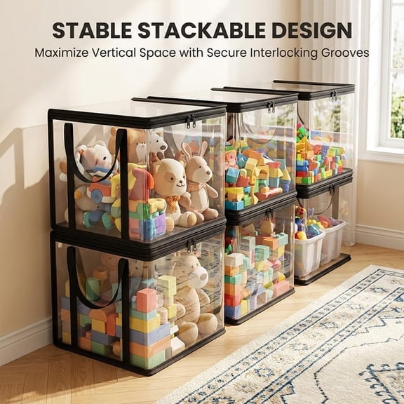 Large Clear Thick Plastic Storage Box with Hinged Lid, Stackable Collapsible Organizer Container for Books Files Magazines, Heavy Duty Book Storage Bin for Bedroom Office Dorm(Black,Medium,6PCS)