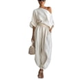 thumbnail image 2 of Sheghy Workout Set 100%Cotton Women Off Shoulder Asymmetric Top & Cuffed Jogger Long Pants 2 Piece Outfit, 2 of 6