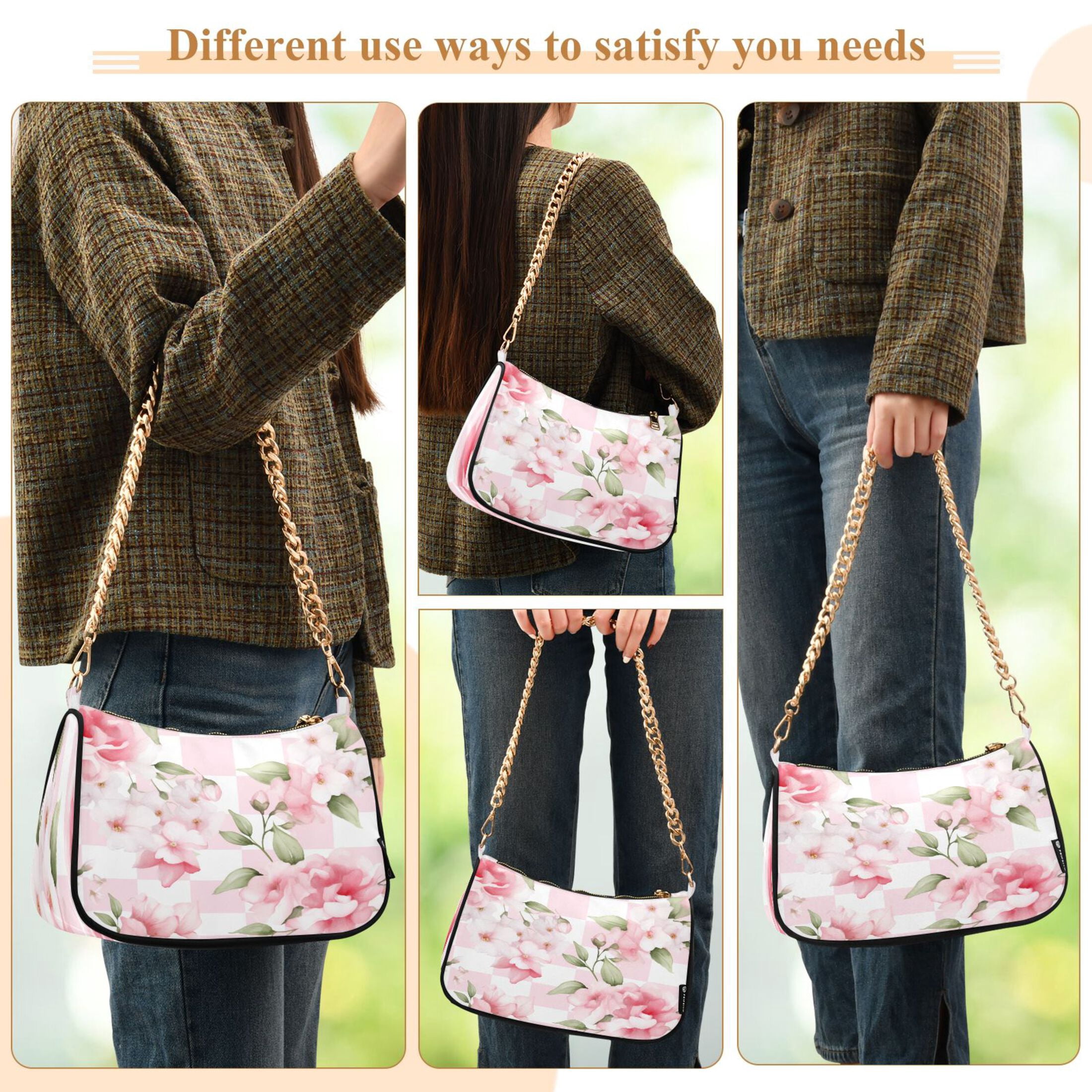 Ryvnso Peony Flowers Pink Womens Chain Shoulder Bag Tote Handbags Clutch Hobo Purse with Zipper for Travel