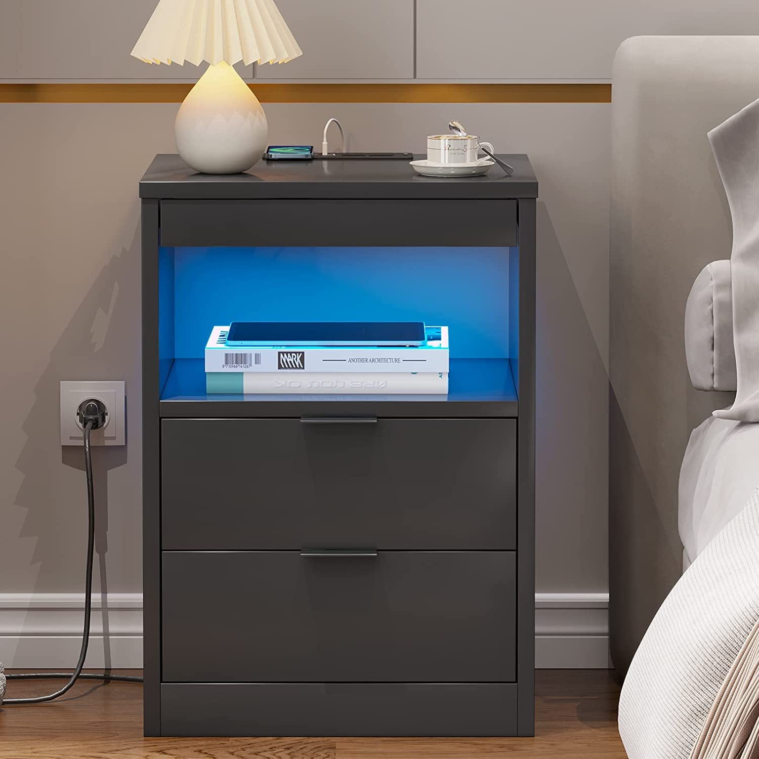 Afuhokles Nightstand with Wireless Charging Station 2 Drawers, Wooden Sofa Bedside Table with with LED Lights,Black