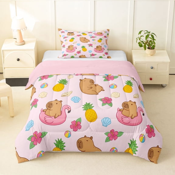 Manfei Lovely Capybara Twin Comforter Sets,Kawaii Pineapples Bedding Set,Pink,Pink Reversible,2pcs,1 Comforter and 1 Pillowcase