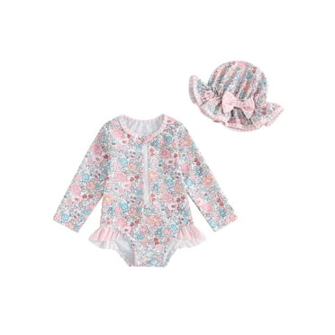 MIPREWUY Baby Girl Rash Guard Swimsuit Long Sleeve Floral Print Bathing Suit Infant Swimwear with Bowknot Sun Hat