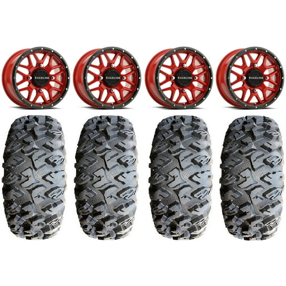 Raceline Krank 14" Red Wheels 28" MotoClaw Tires Can-Am Commander Maverick Renegade Outlander Defender