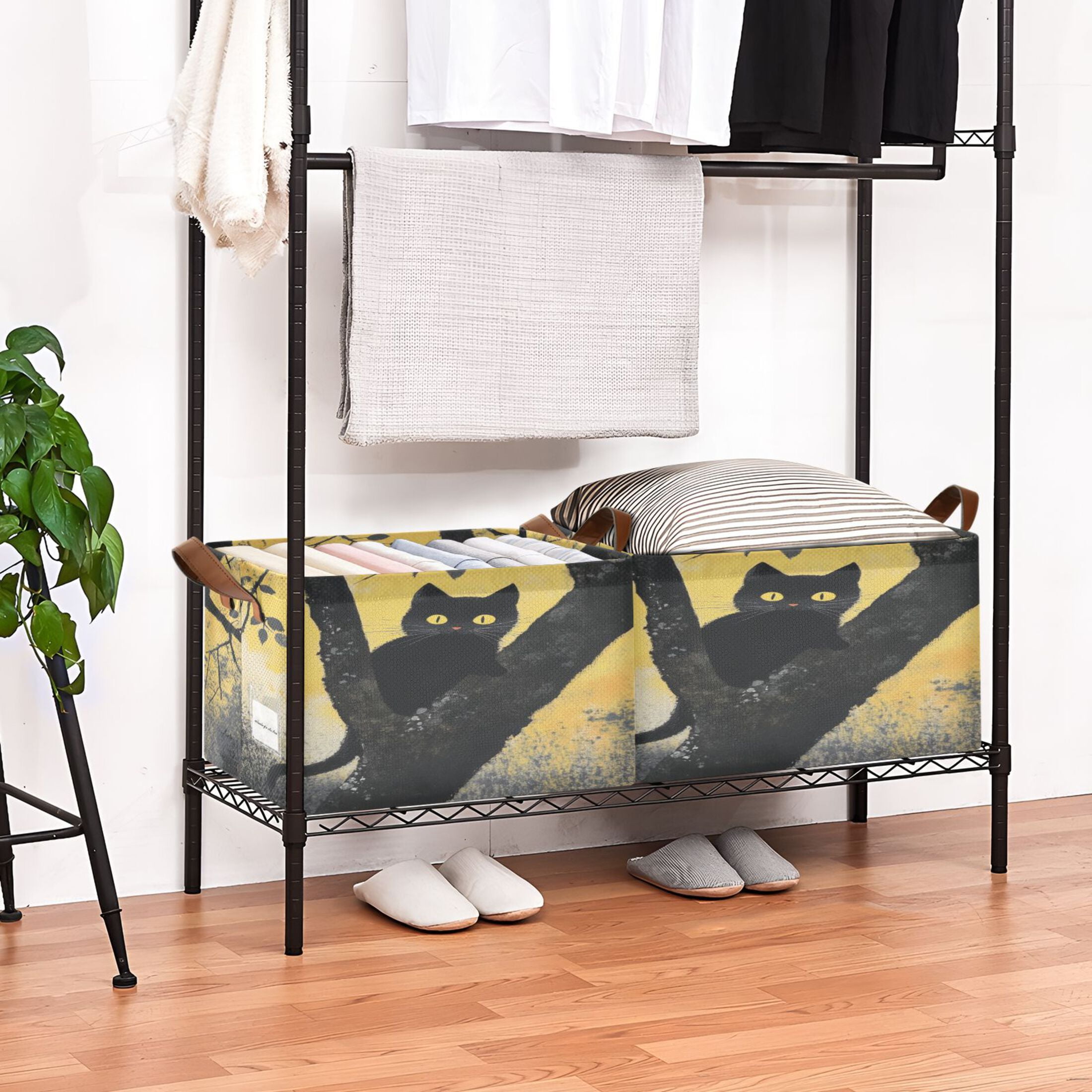Black Cat Storage Basket Soccer Plaid Fabric Hoard Box Oversized Collapsible Closet Organizer with Metal Iron Frame 16.9×11.4×10in