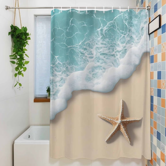 Shower Curtain,Summer Beach Ocean Starfish Waterproof Fabric Bath Curtains with Hooks Teal Water Wave Sand Washable Bathroom Shower Curtains for Home Hotel Decor,36x72 Inch