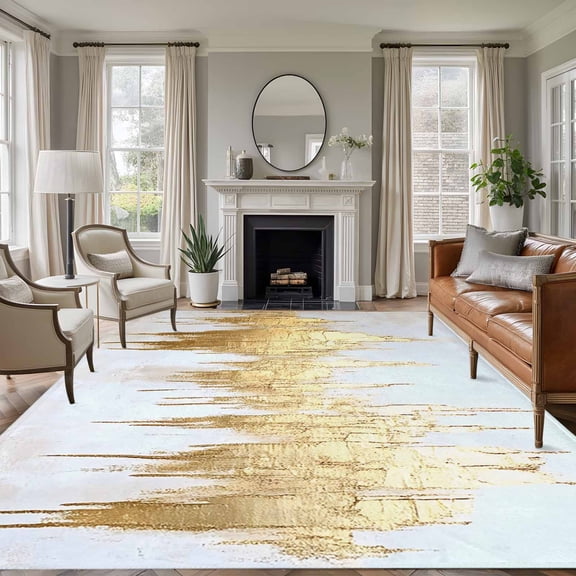6x9 Area Rugs, Abstract Gold Non-Skid Rubber Backing Large Rectangle Rugs - Living Room Bedroom Home Office, Modern Minimalist Art White Gray Ripple Indoor Floor Mat Carpets Washable Rug