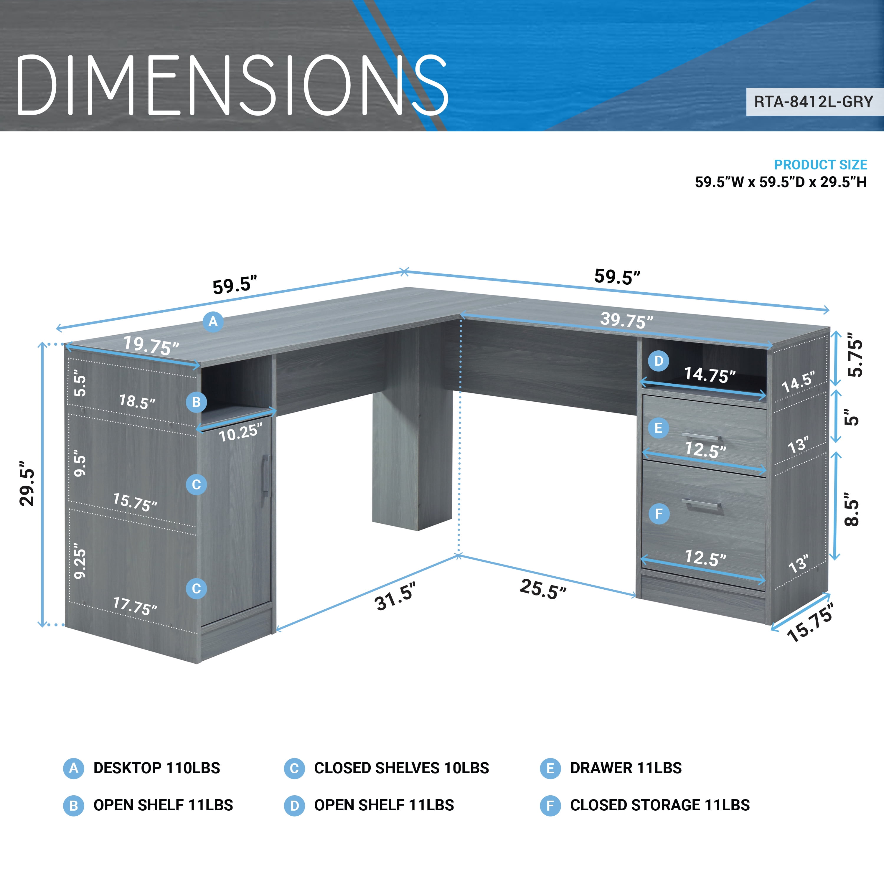Techni Mobili Functional L Shape Desk With Storage Grey Walmart Com Walmart Com