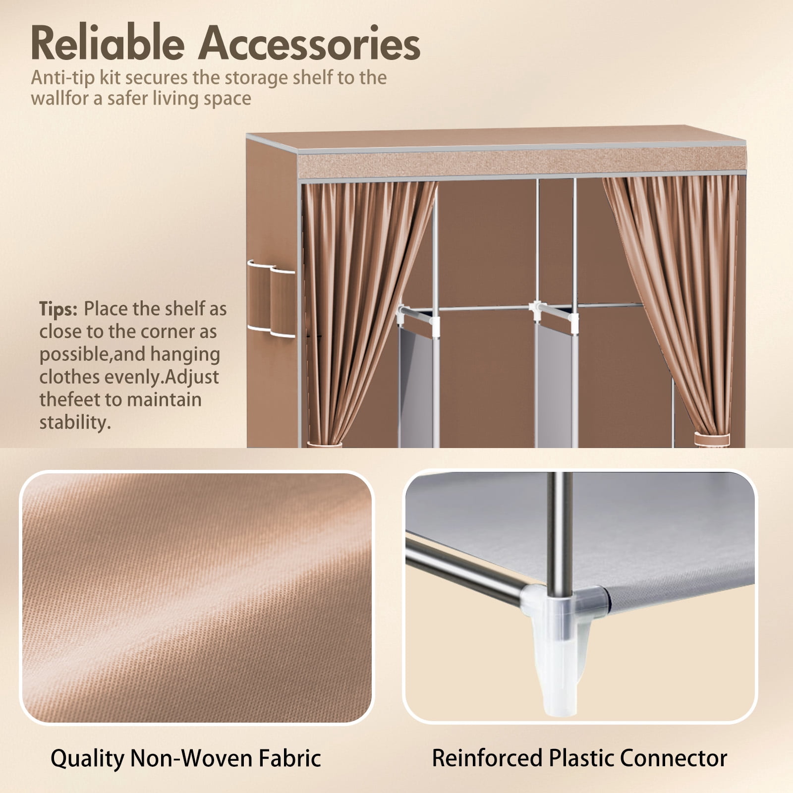 Non-Woven Fabric Closet Organizers and Storage with Cover, Portable Wardrobe Closet Storage, Dustproof Clothing Rack Shelf, Beige
