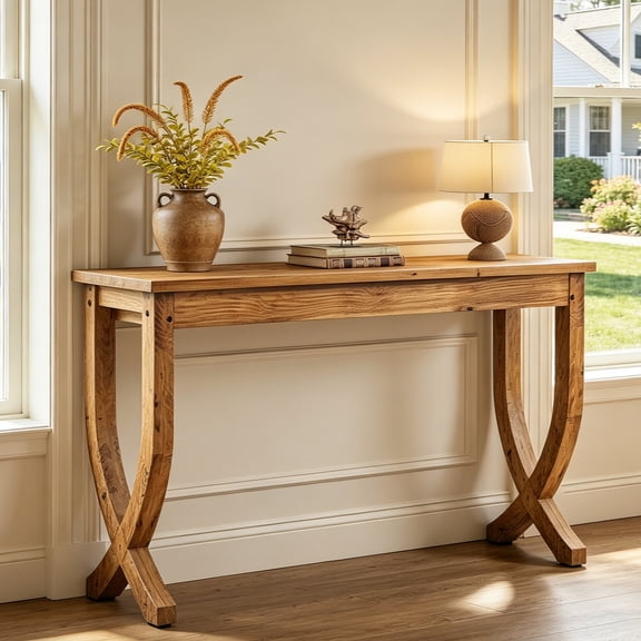Fnova 63" Console Table, Long Farmhouse Entryway Table, Solid Wood Sofa Table with X-Shaped Legs for Living Room, Entrance, Foyer