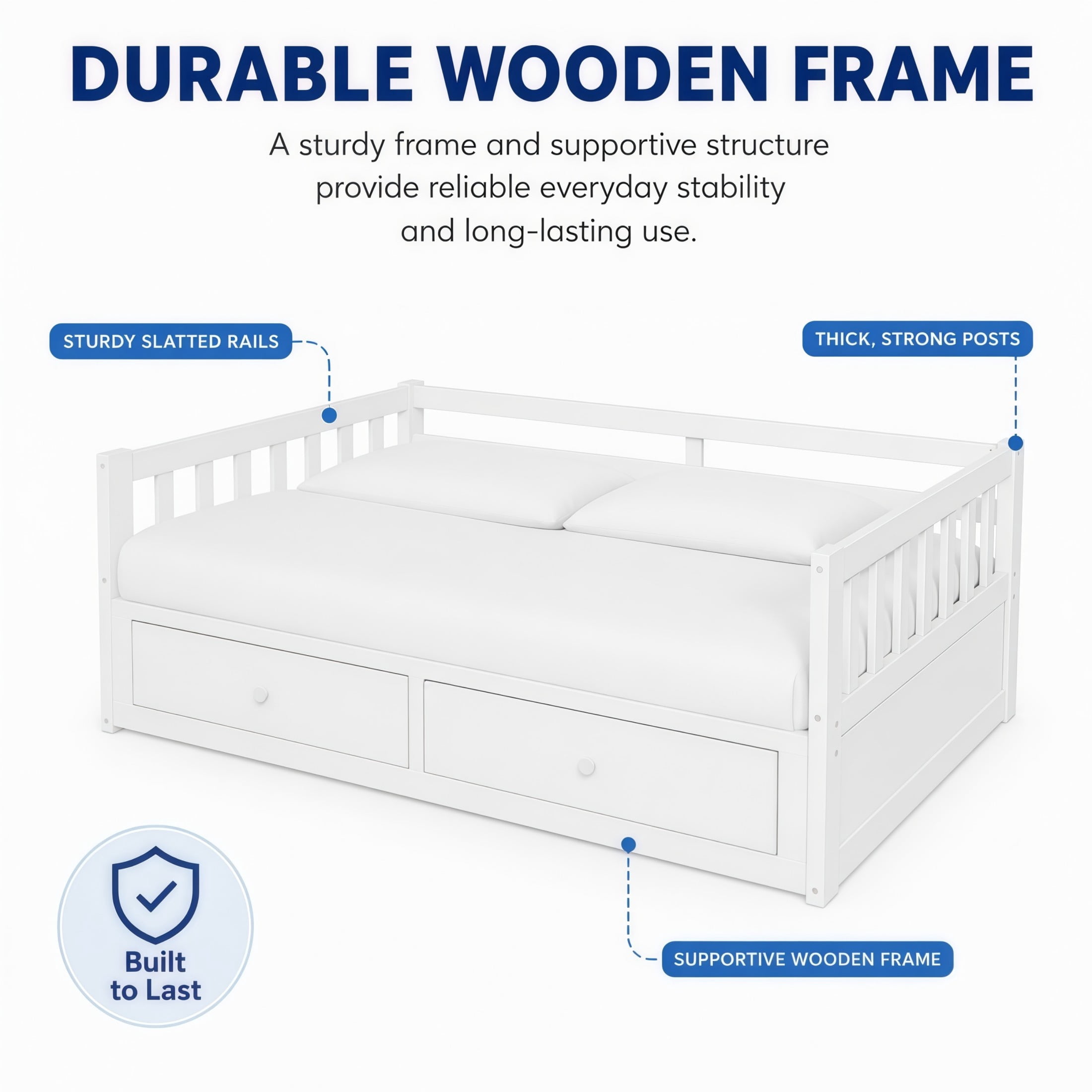 Noble House Twin to King Extendable Daybed with Pull-Out Trundle, 2 Drawers & Guardrails, White