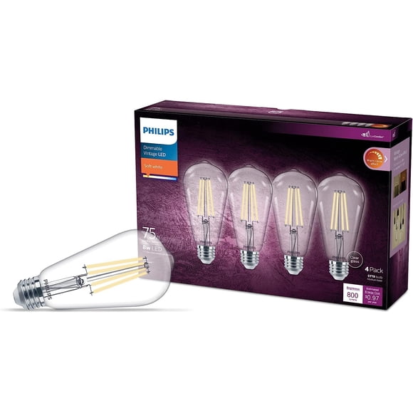 Philips - Paquete de 4 bombillas LED de 75 W ST19 clásico Edison en espiral blanca suave (2700 K), 800 lúmenes (8 W = 75 W) regulables transparentes sin parpadeo