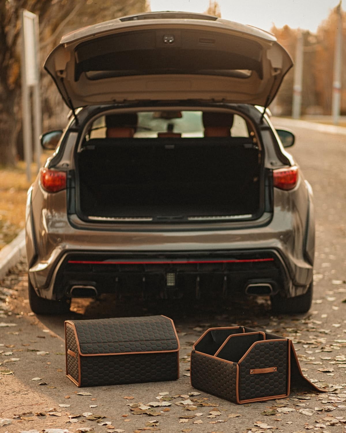 Owleys SUV and Car Rear Cargo Organizer Set Foldable Eco-Leather Trunks Magnetic Lids Hexy 2 Pcs