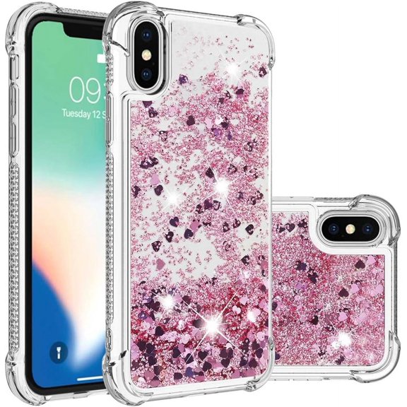 Compatible with iPhone X Case Glitter Liquid Cute Clear Phone Case Floating Quicksand Shockproof Protective Bumper Silicone Soft TPU Case for iPhone X/iPhone Xs Love Rose YB