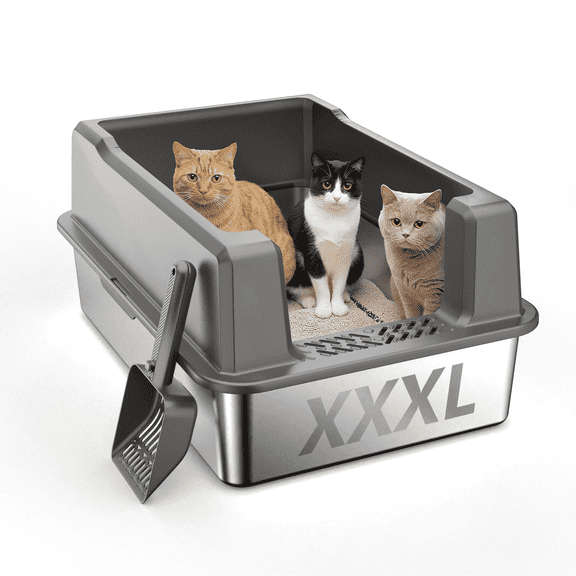 Nycoba XXXL Stainless Steel Cat Litter Box, Extra High Sided Non‑Stick Litter Pan with Scoop for Multiple Cats & Heavy Large Cats, Gray