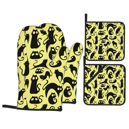 

Oven Mitts and Pot Holders Sets 4 pcs - Abstract Cute Cat Black Heat Resistant Silicone Oven Gloves with Non-Slip Silicone Surface and hot pads for kitchen Baking Cooking BBQ