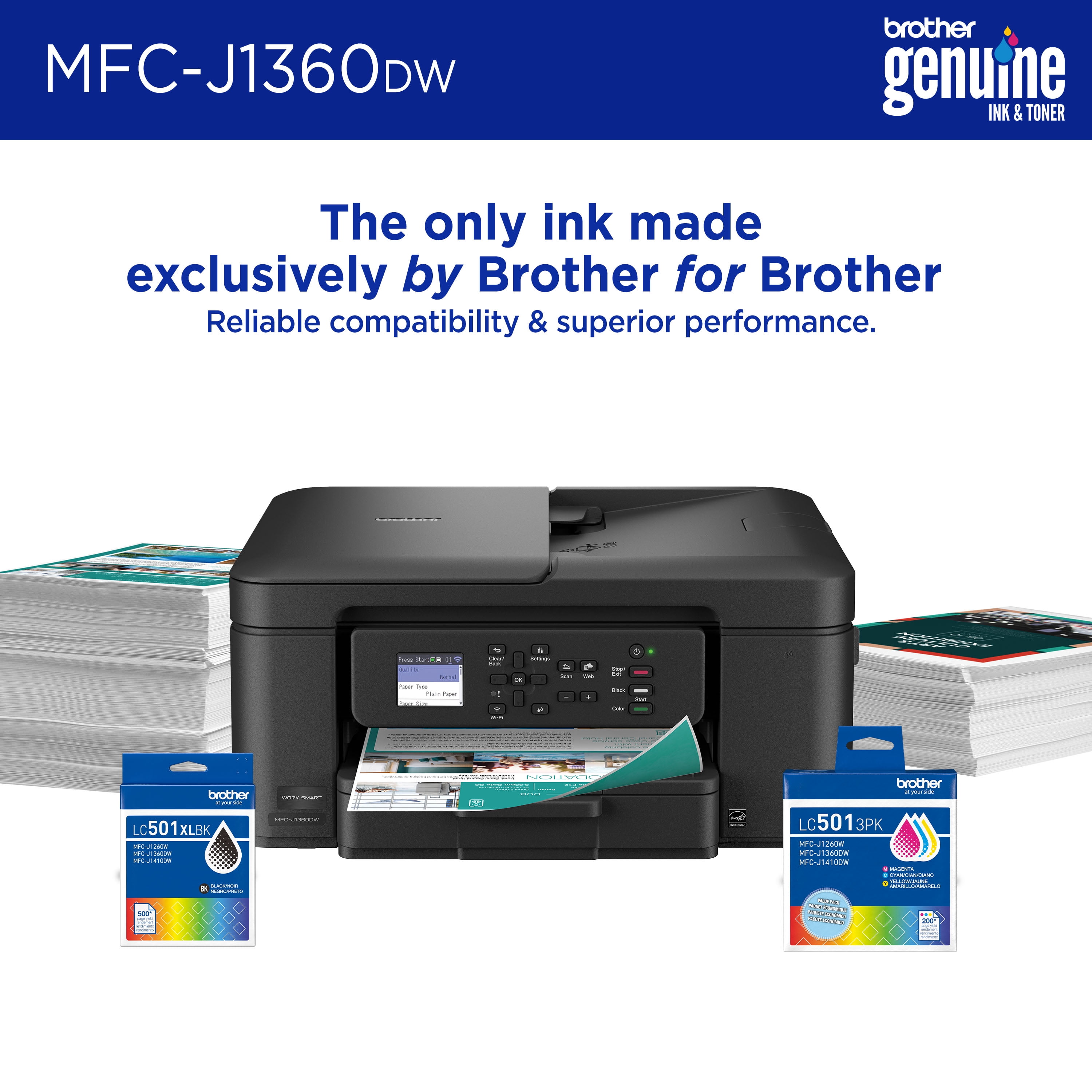 Brother MFC-J1360DW Work Smart Wireless All-in-One Color Printer – Prints on Both Sides, Copies and Scans Multiple Pages, Easy-to-Use Color Display