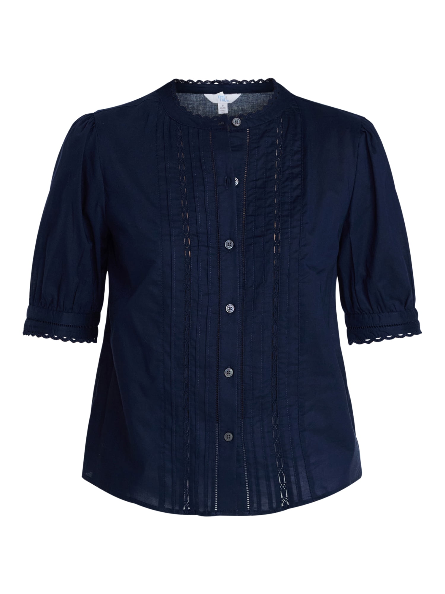Time and Tru Women's and Women's Plus Lace Inset Button Front Cotton Shirt with Short Sleeves, Sizes XS-4X