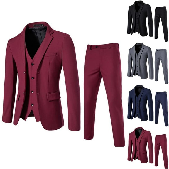 FRSASU Men's 3 Piece Suit Set , Single-Breasted Slim Fit Solid Jacket Vest Pants, Prom Party Wedding Business Suits for Men Wine