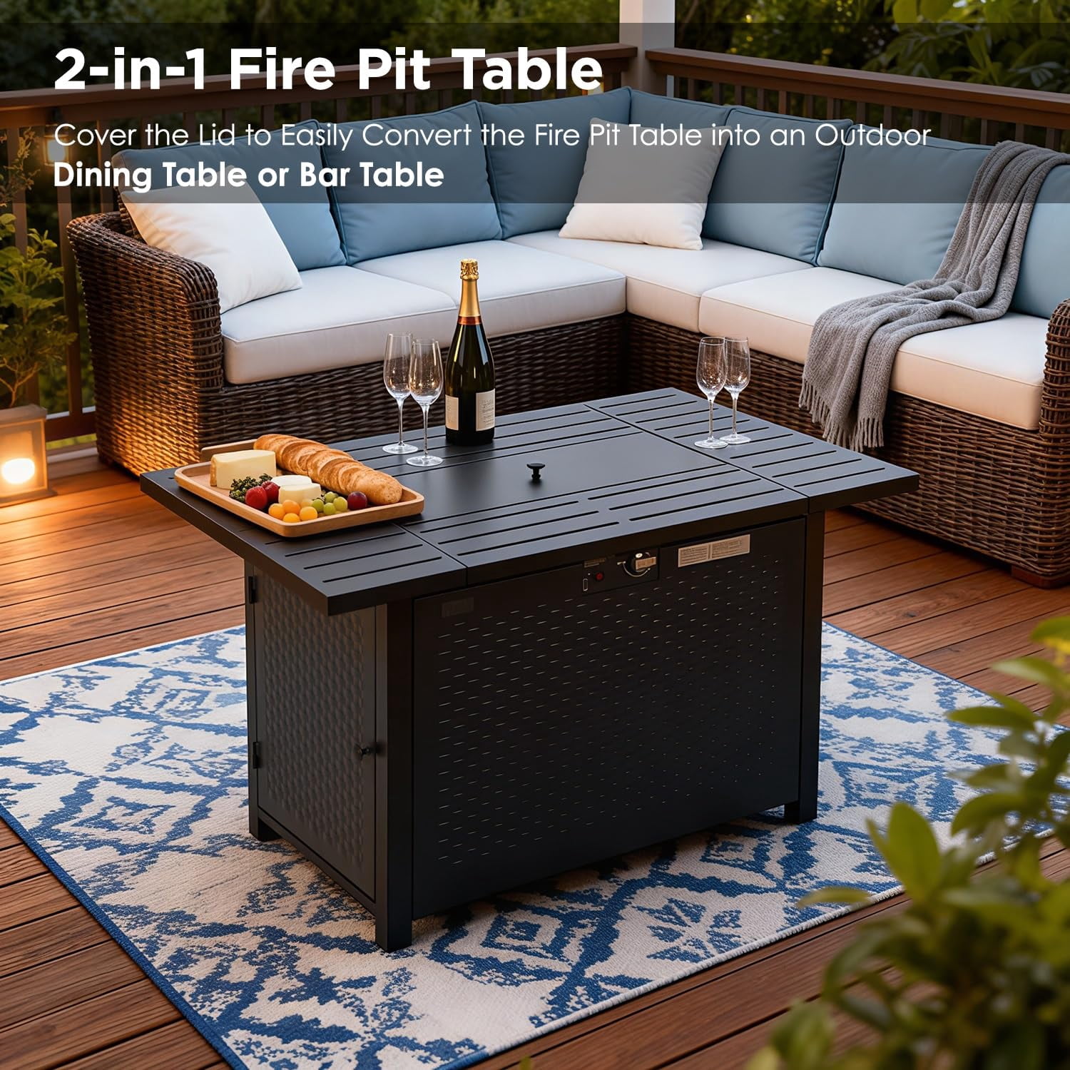 NiamVelo 43" Propane Gas Fire Pit Table, 50,000 BTU Rectangular Fire Pit with Glass Wind Guard for Outside Patio Deck Garden Backyard , Black