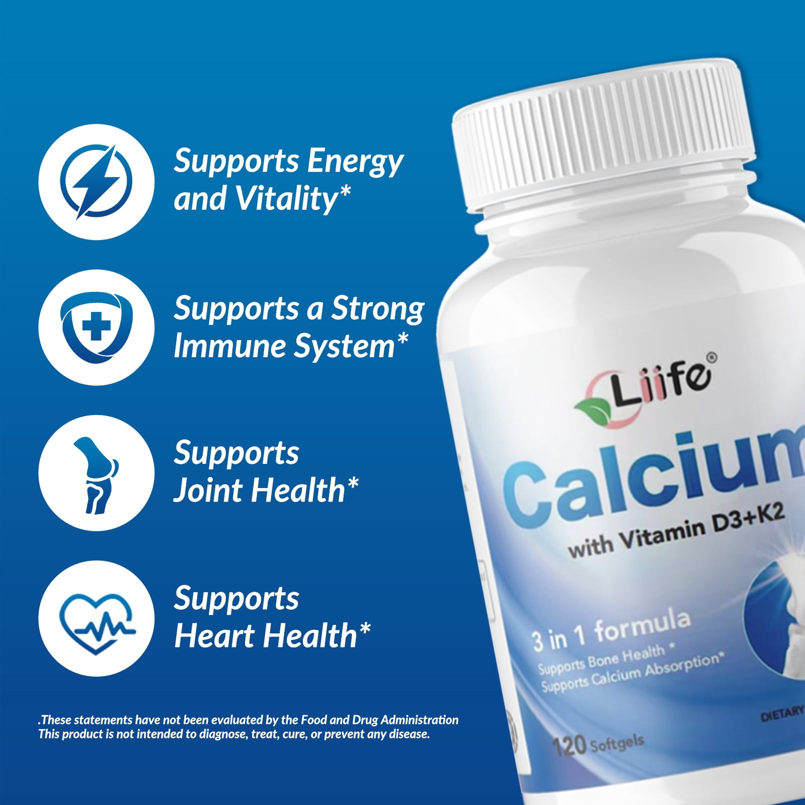 Liife Calcium Vitamin D3 K2(MK7+MK4) 1000 IU, 120 Coconut Oil Softgels - Contains Algae - Supports Bone Health, Joint Support, and Cardiovascular Health - Gluten-Free, Non-GMO