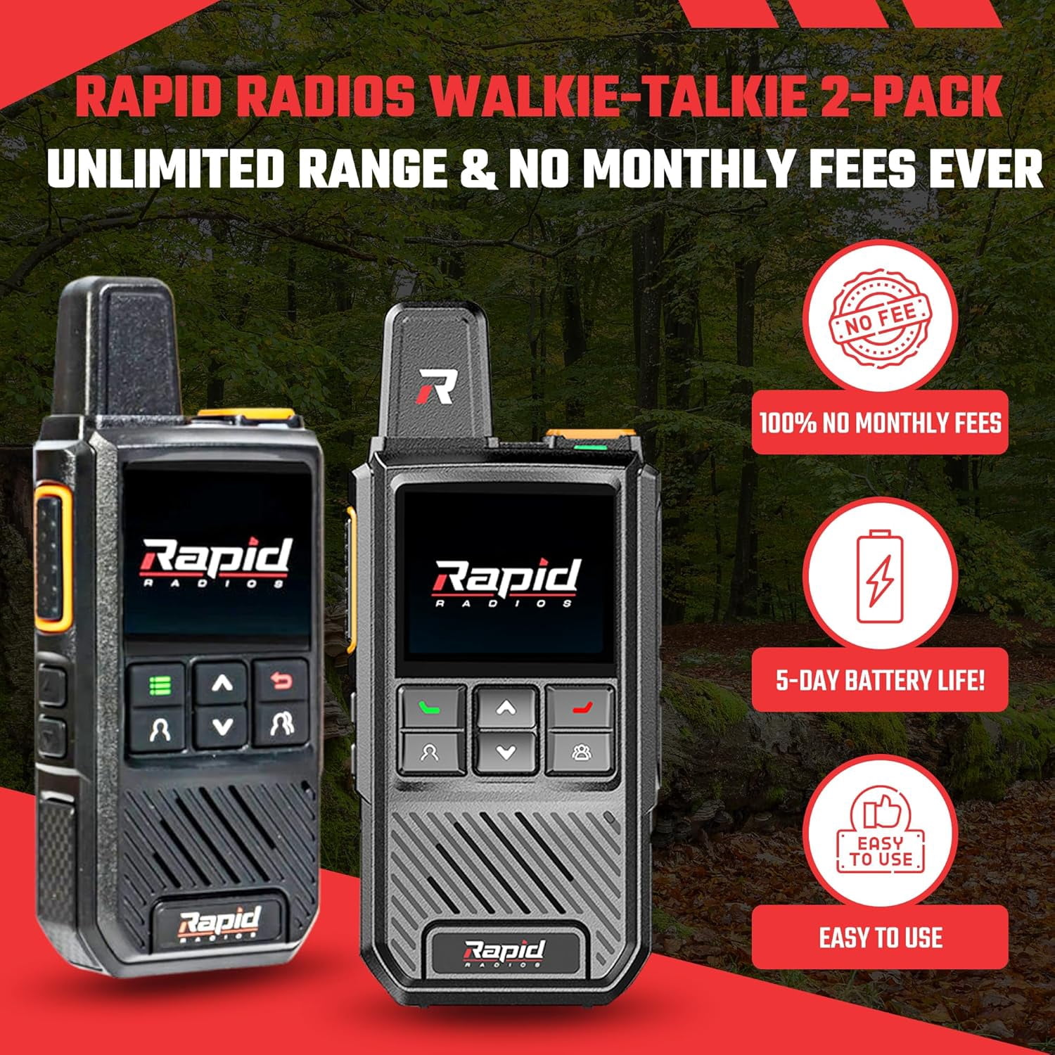 Rapid Radios Nationwide LTE Walkie-Talkie, Two-Way Radio, Unlimited Range POC, 2 pack