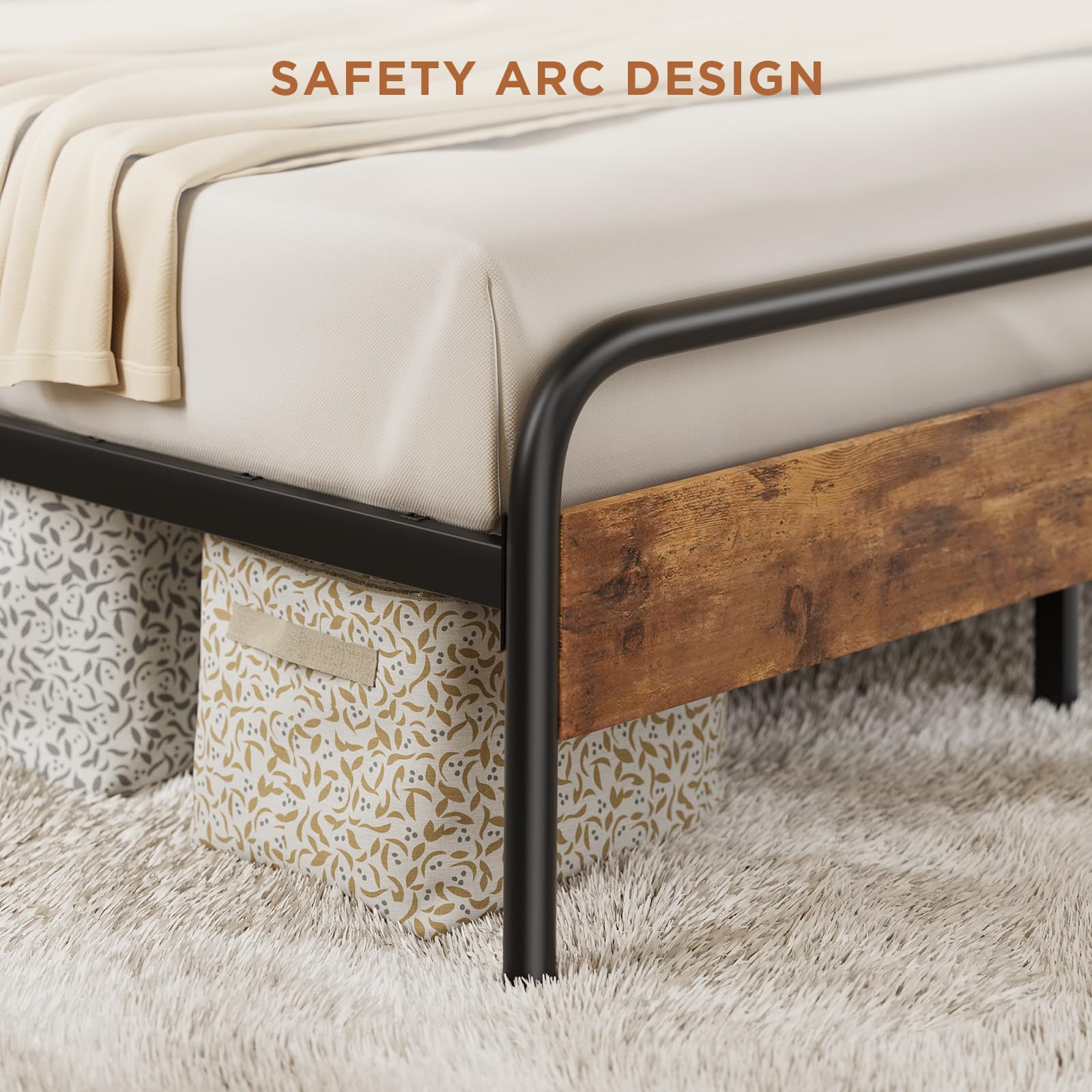 Full Size Bed Frame with Headboard, Under-Bed Storage, 850lbs, Beige
