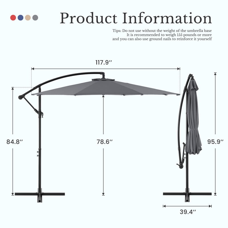 Simenmax 9.8FT Offset Cantilever Patio Umbrella, Heavy Duty Outdoor Hanging Market Umbrella with Crank Lift for Backyard, Pool, Garden, Deck (Gray)