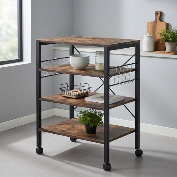 Barara King 3-Tier Rustic Brown Kitchen Baker's Rack with Hooks, Kitchen Storage Shelf Rack, Microwave Stand, Rolling Casters for Kitchen, Dining Room, Coffee Bar, Rustic Brown