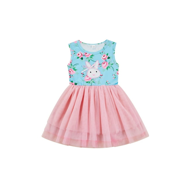Xingqing Robe d'Été de Pâques pour Tout-Petit Fille Bébé, Lapin, Imprimé Floral, Sans Manches, Robe en Tulle Patchwork, Vêtements d'Été
