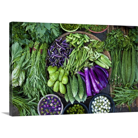 Great BIG Canvas | "Vegetable market in Yangon, Burma" Canvas Wall Art - 48x32