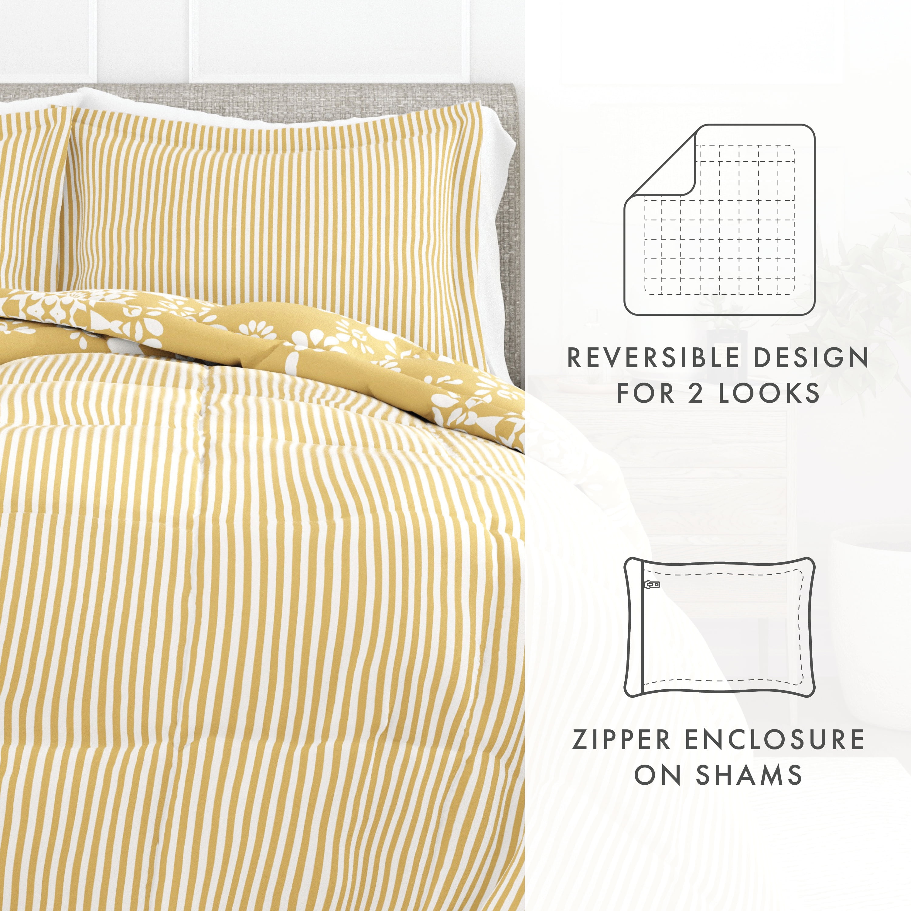 Noble Linens 3-Piece Yellow Daisy Medallion Reversible Print Comforter Set, Full/Queen