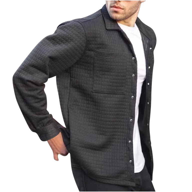 Men's Quilted Shirt Jacket - Casual Long Sleeve Snap Button Diamond Stitch Jacket With Pockets