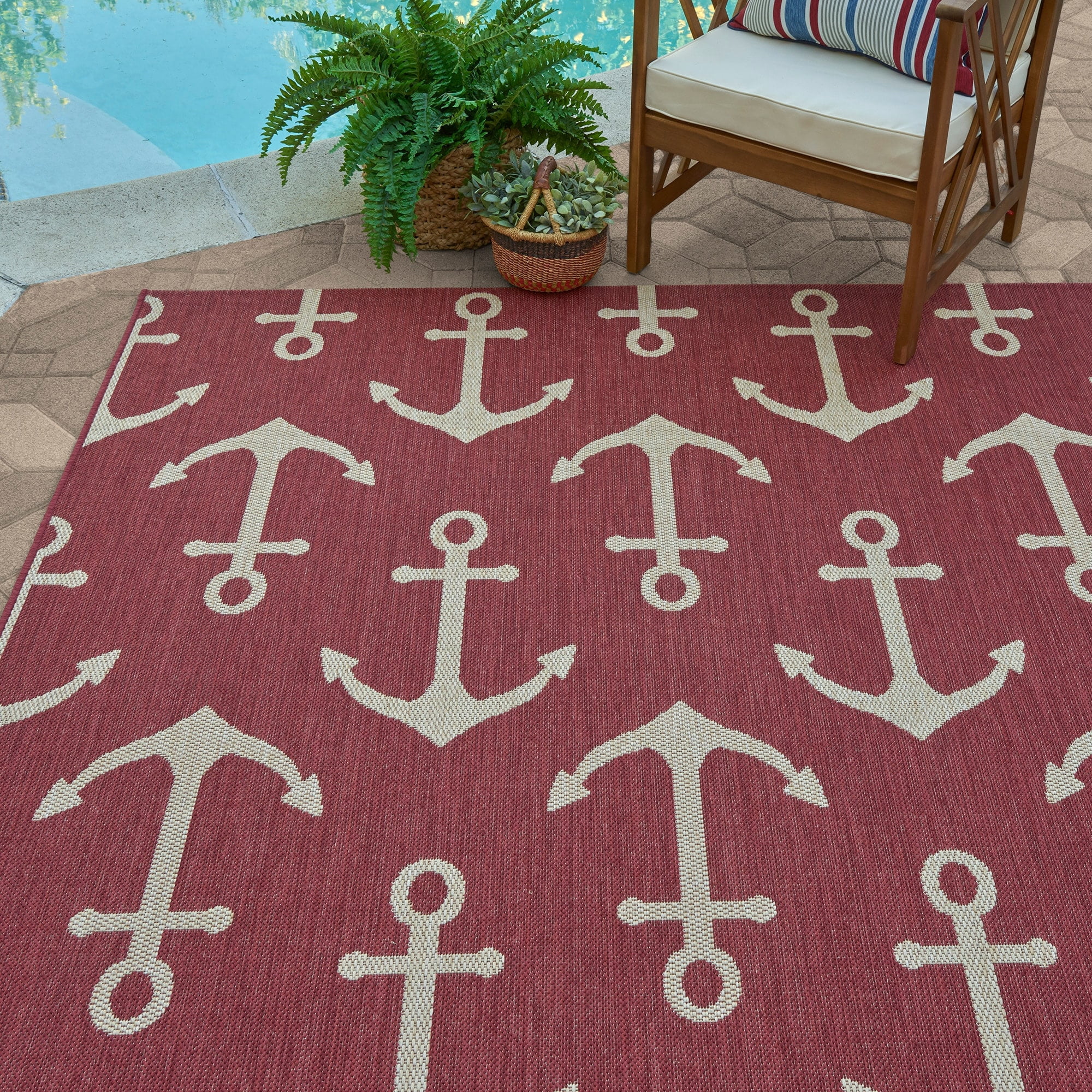 Gertmenian Paseo Maritime Red Nautical Anchor Indoor/Outdoor Area Rug 8'9"x13'1" 9' x 12'