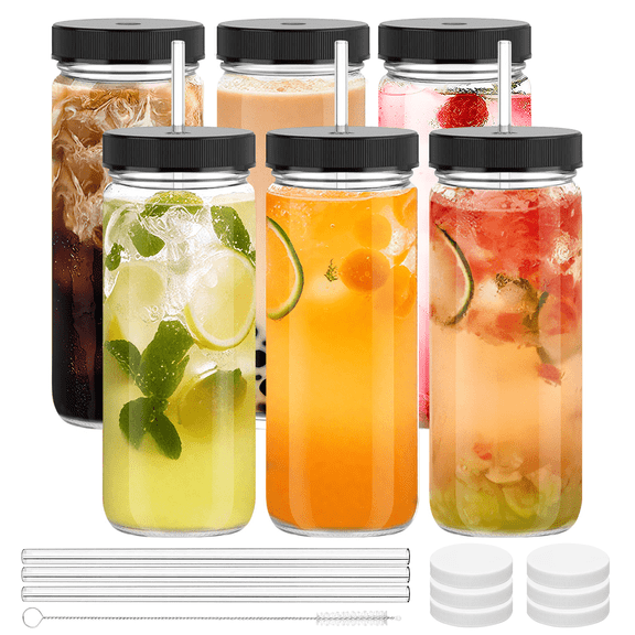 GPED 6 Pack Glass Juice Bottles with 6 Straws & 6 Lids with Hole & 6 Airtight Lids & Brush, 16 oz Travel Drinking Jars Glass Beverage Reusable Tall Mason Jar For Juice, Smoothie, Bubble Tea