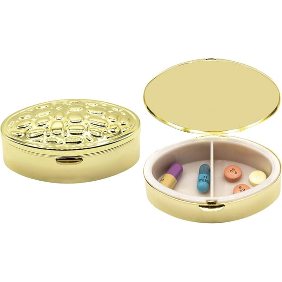 Set of 2 Oval-Shaped Pocket Purse Pill Box & Organizer With Dual Compartments (Gold Lattice)