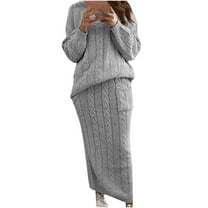 Women's Winter Cable Knit Long Skirt 2 Piece Outfit Long Sleeve Crewneck Sweater High Waist Maxi Skirt Sets Womens Clothes