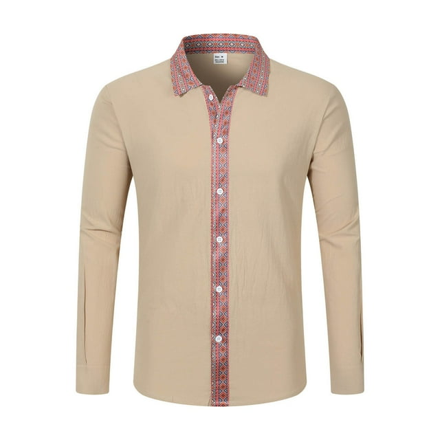 European Linen Long Sleeve Shirt with Ethnic Pattern Patchwork for Everyday Casual Wear Relaxed Fit Top for Spring and Autumn