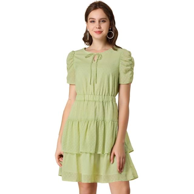 INSPIRE CHIC Women's Tie Neck Ruched Sleeve Elastic Waist A-Line Double Layers Ruffle Hem Short Dress