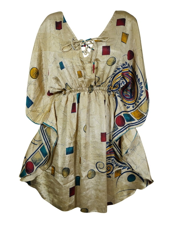 Mogul Womens Short Beach Caftan Dress Red Printed Kaftan M-XL
