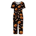 thumbnail image 4 of Women's Halloween Pajama Set Short Sleeve V Neck Top and Cropped Pants Lightweight Breathable Lounge Outfit with Pumpkin Print Casual Sportswear for Daily Wear Black L, 4 of 6