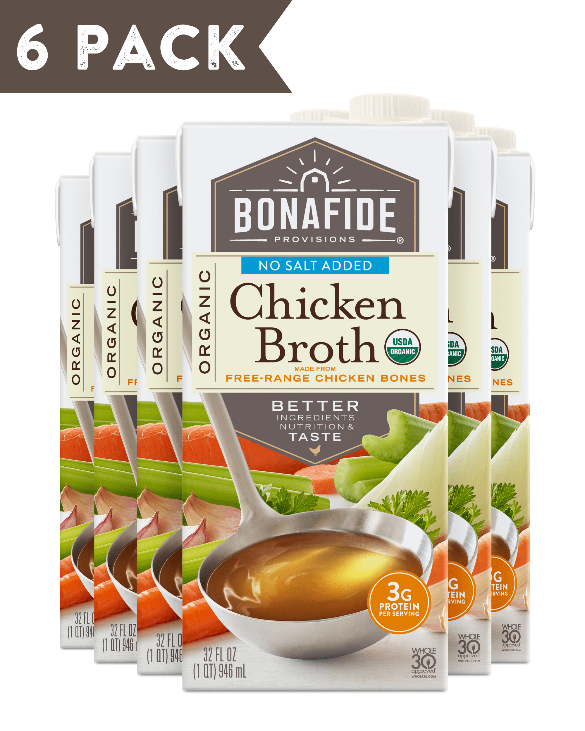 (6 Pack) No Salt Added Organic Chicken Broth, 32 fl oz.
