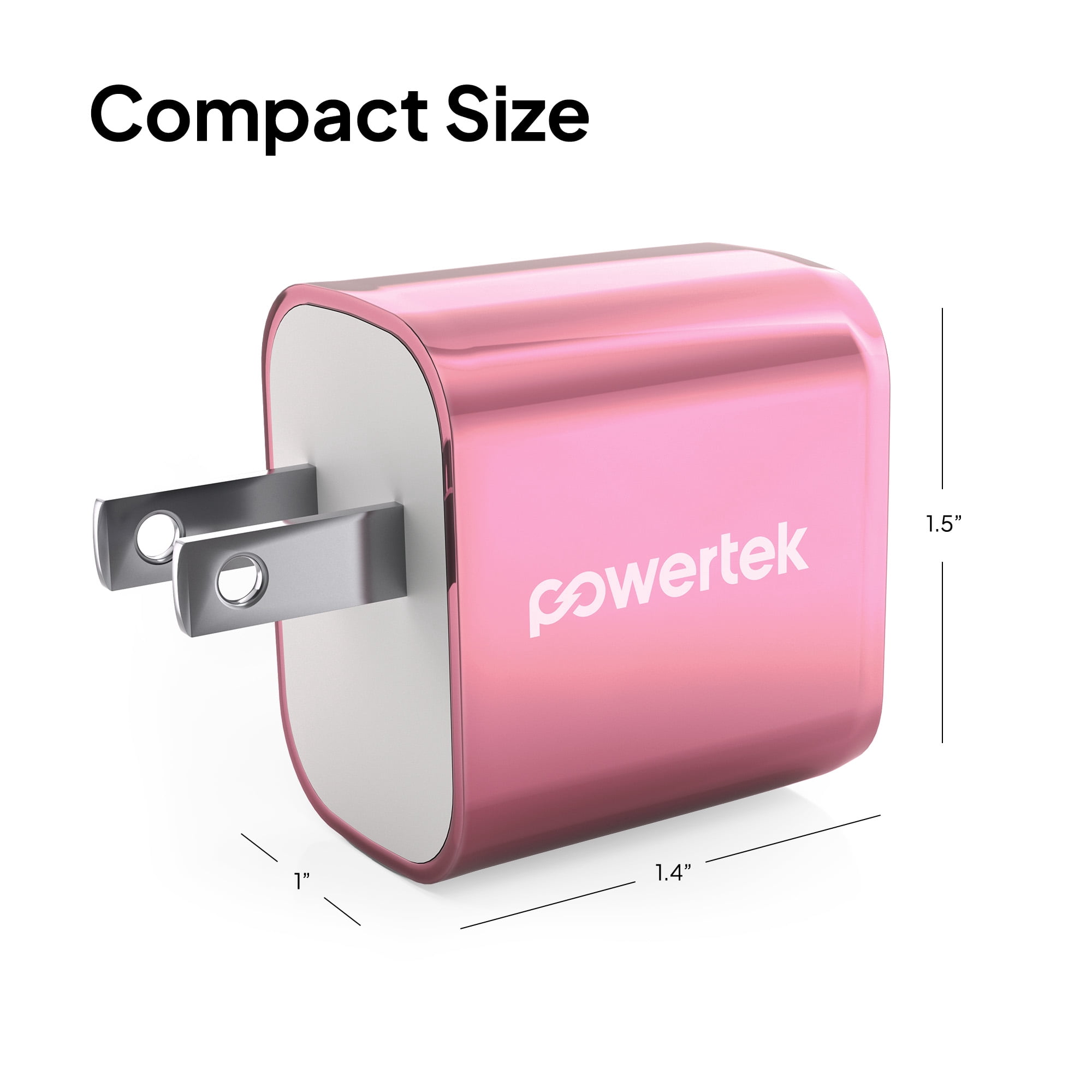 Powertek Luxe 20W USB-C + 18W USB-A Fast Charging Dual Port Block, Pink, Compatible with iPhone, Android, Tablets & USB Devices, Compact Travel Adapter